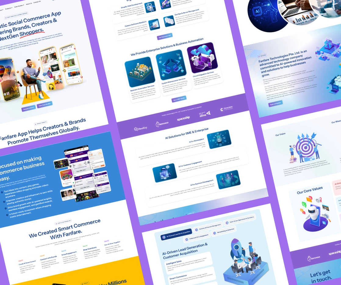 Collage of AI powered technology platform website screens: AI solutions, technology capabilities, and business application touchpoints