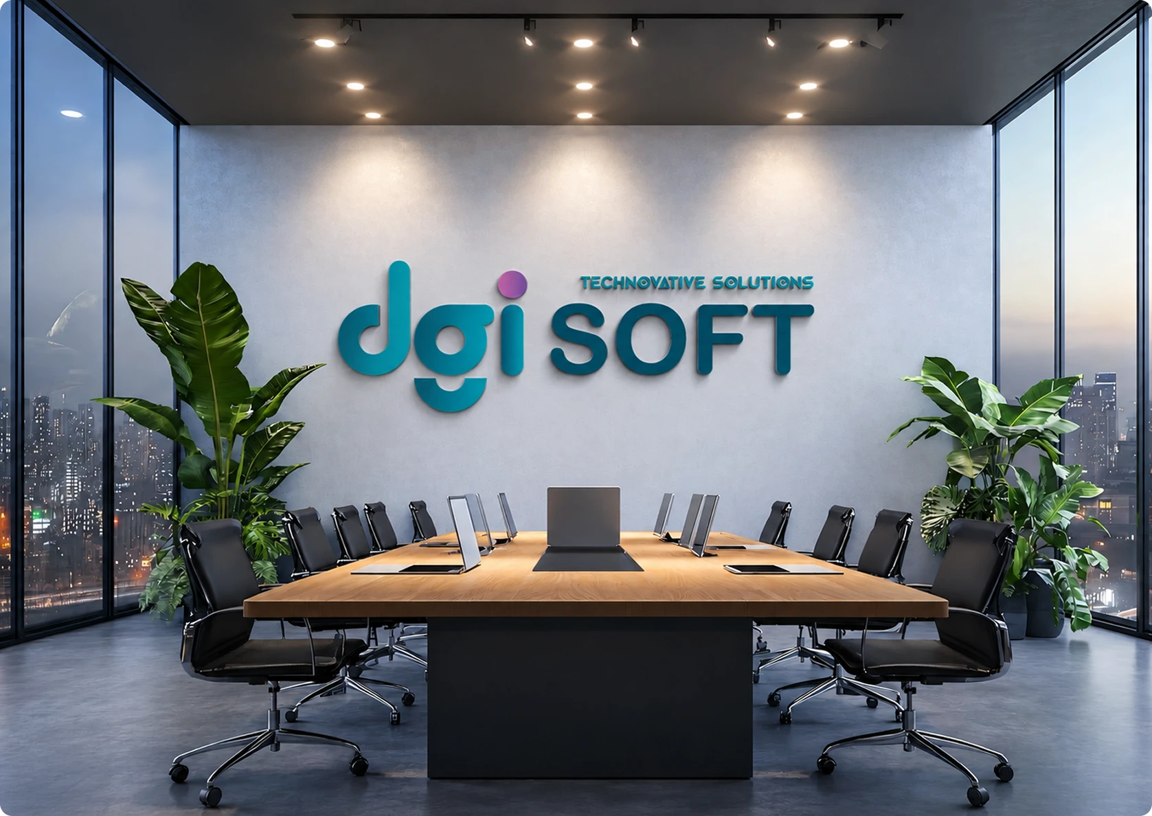 Collage of the DGIsoft logo applied across professional and real-world settings