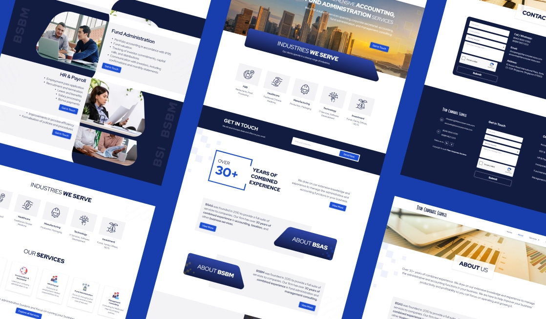Collage of digital freight platform website screens: service journeys, solutions, and global reach touchpoints