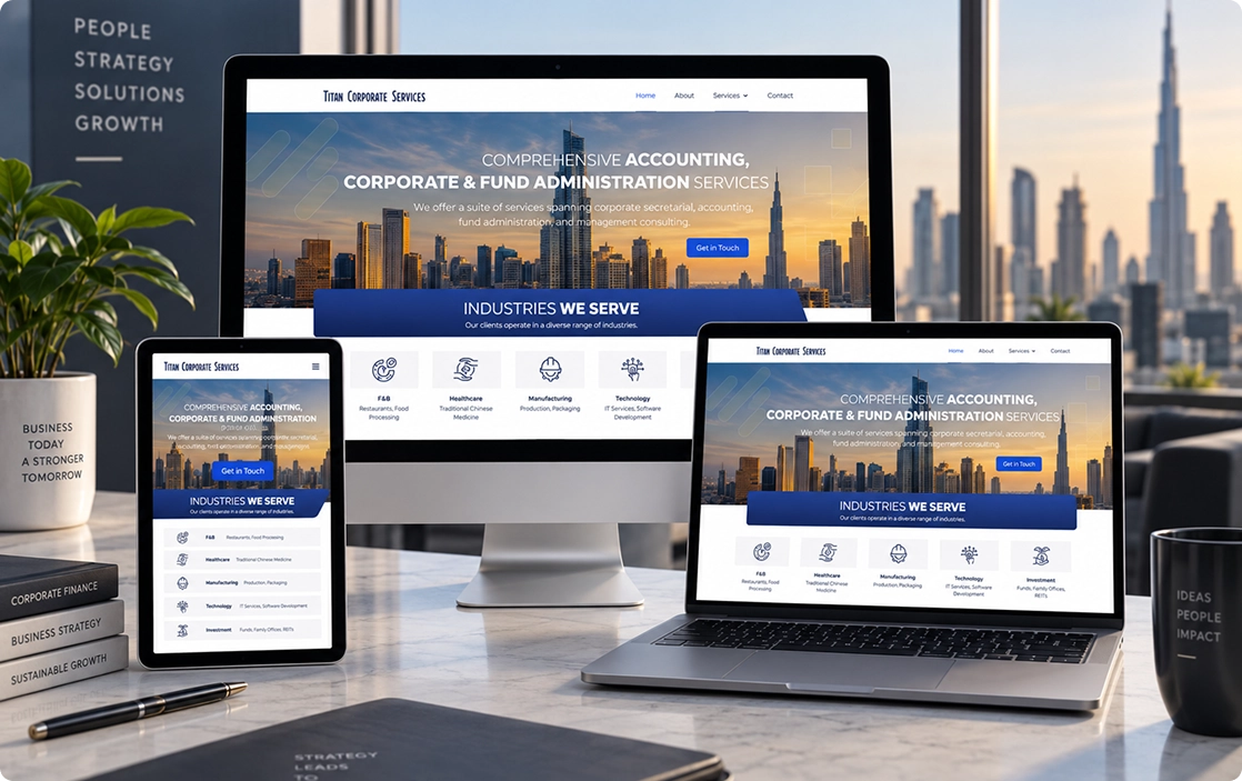 Professional services platform homepage shown on a laptop