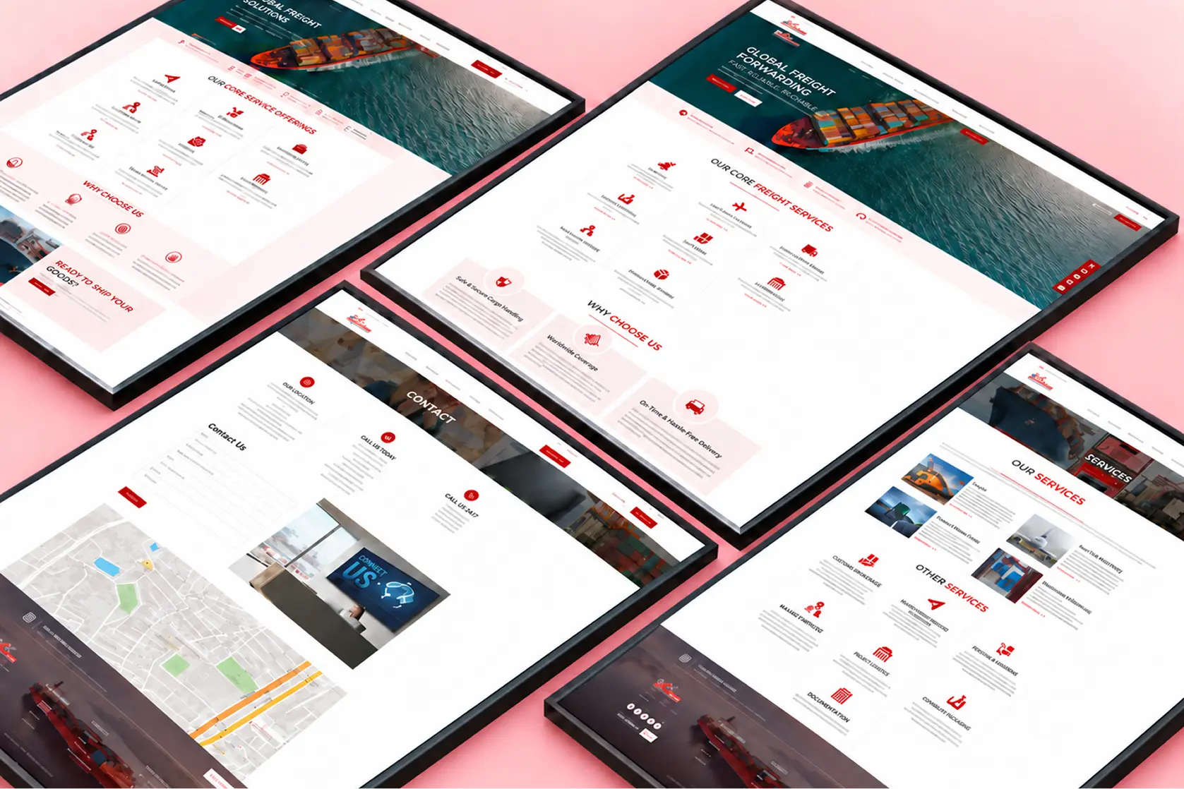 Collage of digital freight platform website screens: service journeys, solutions, and global reach touchpoints