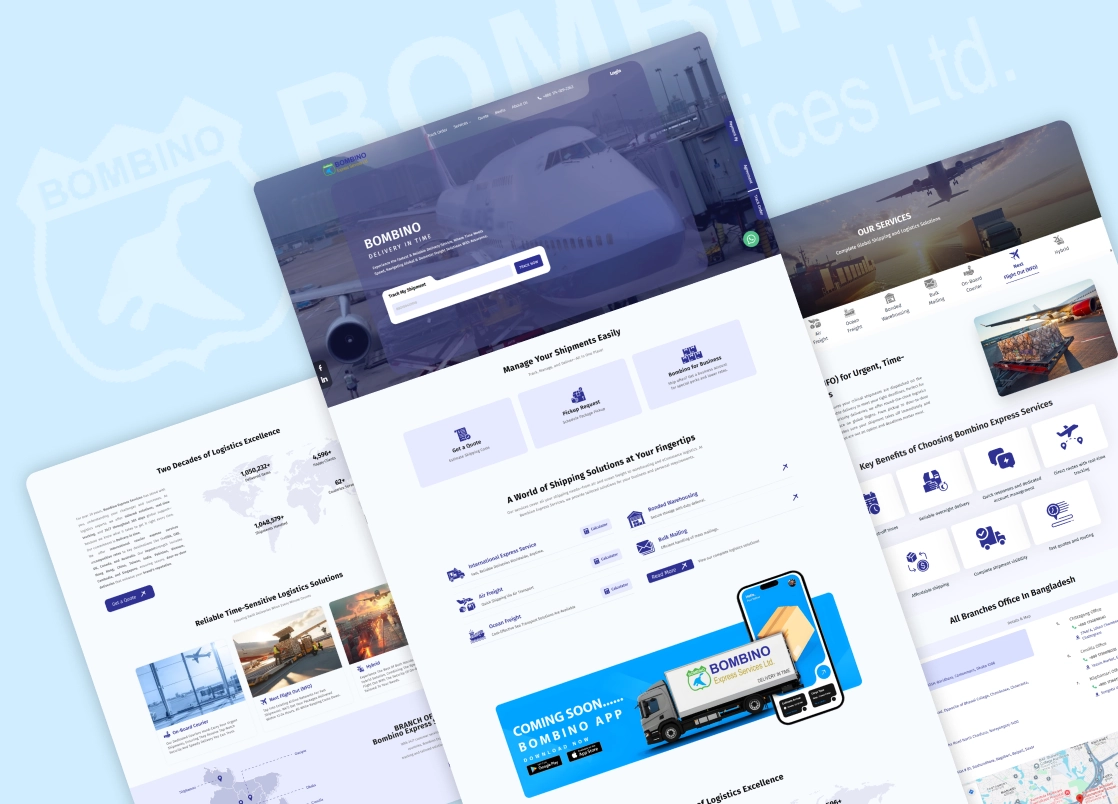 Collage of the digital logistics platform website screens: freight solutions, service journeys, and global reach touchpoints