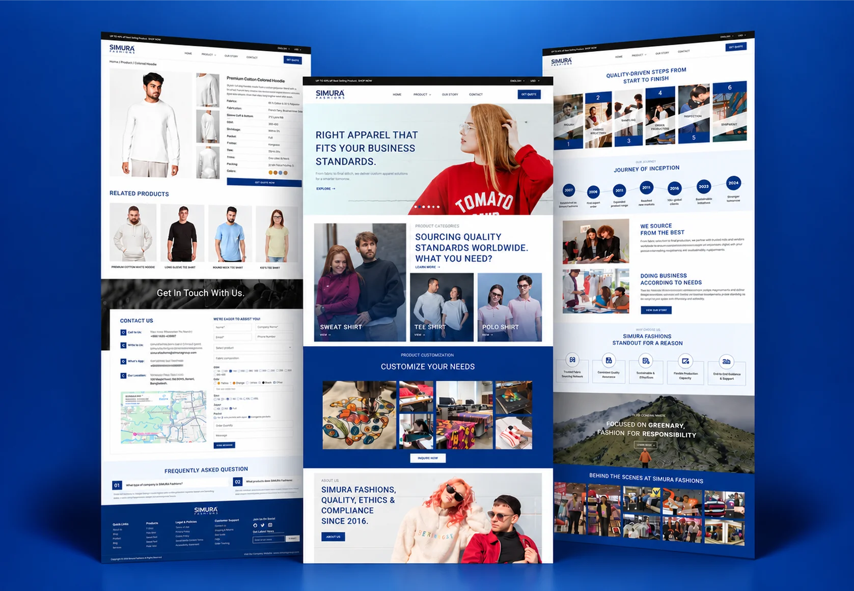 Collage of Simura Fashions website screens: product pages, catalogue, and detail views