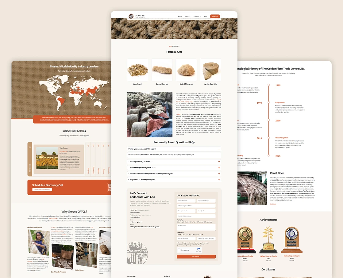Collage of the global jute export platform website screens: jute products, manufacturing processes, and facility touchpoints