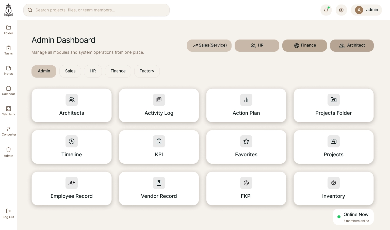 Screenshot of the business operations management dashboard