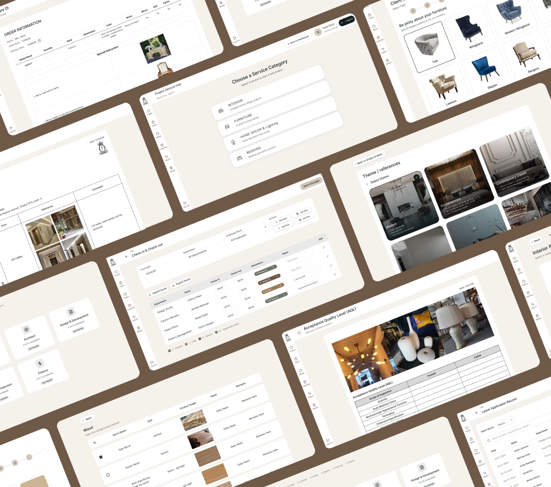 Collage of the business operations management platform screens: project management, design workflows, production, inventory, and vendor management touchpoints
