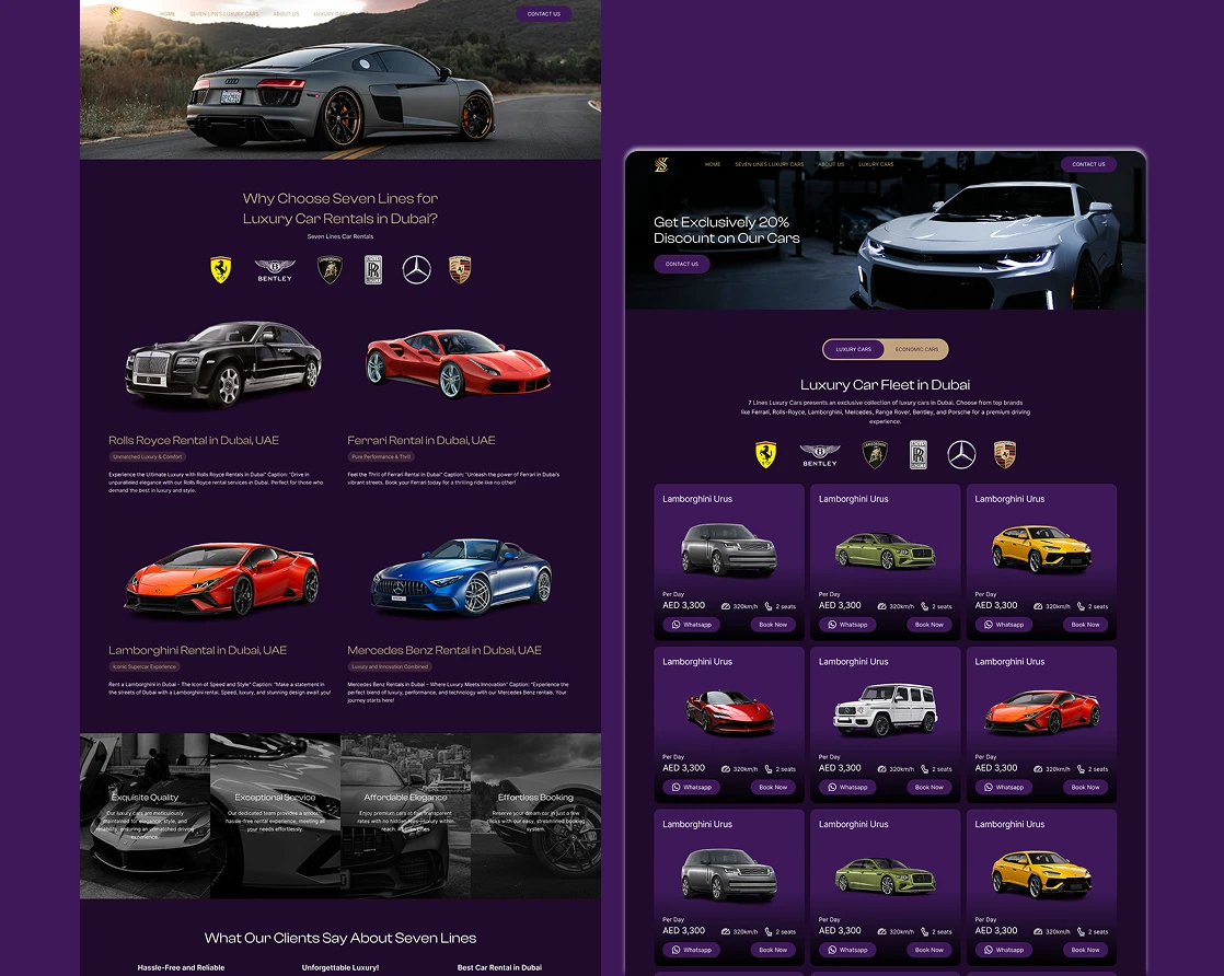 Collage of luxury car rental platform website screens: premium vehicles, rental options, and vehicle detail touchpoints