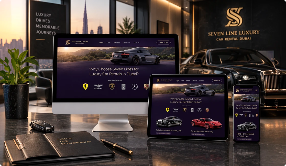 Luxury car rental platform homepage shown on a laptop and phone