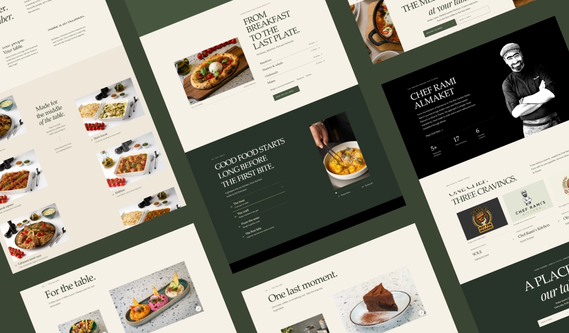 Collage of Mediterranean restaurant website screens: signature dishes, menu discovery, and dining atmosphere touchpoints