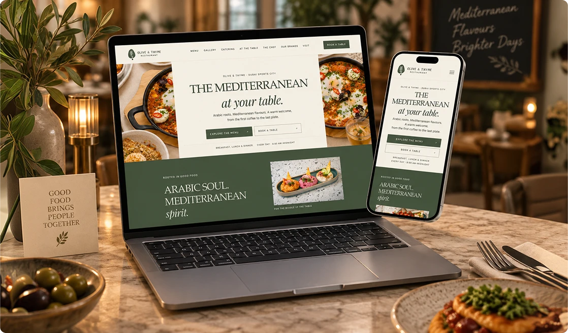 Mediterranean restaurant website homepage shown on a laptop and phone
