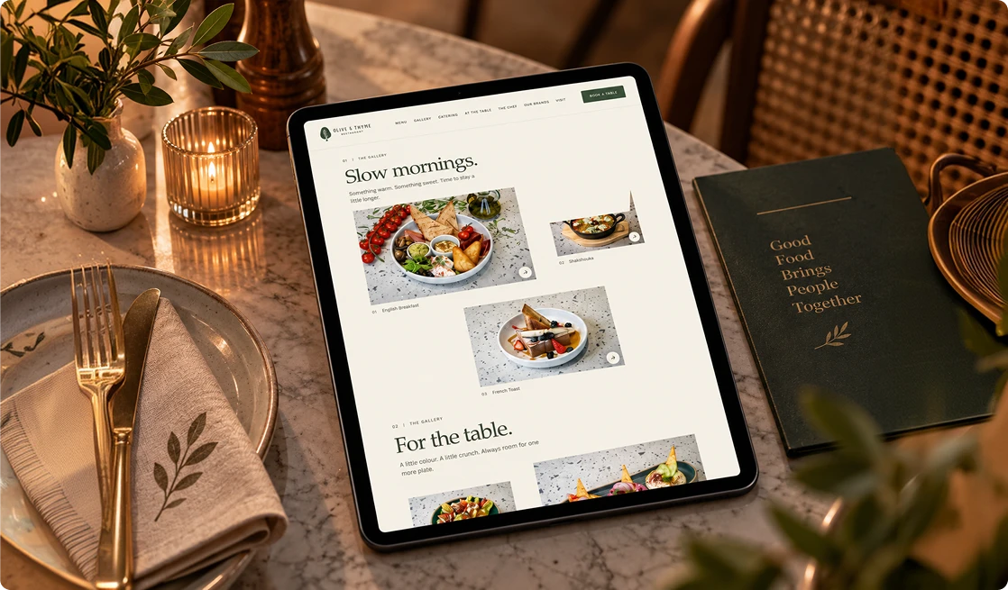 Restaurant menu page shown on a tablet