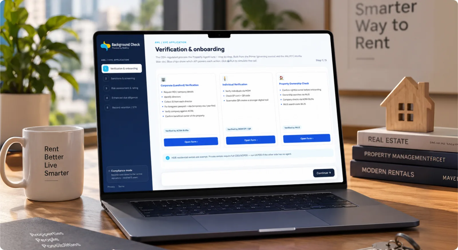 Laptop showing the RealEzy background check and verification onboarding screen