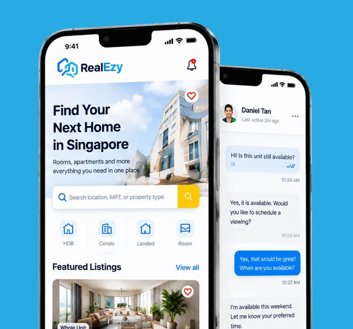 RealEzy mobile app screens showing property search and a landlord chat