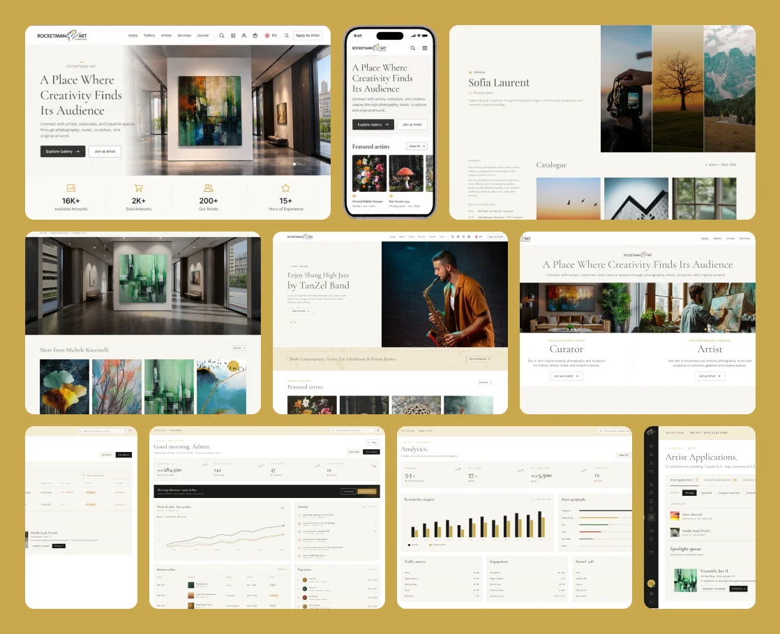 Collage of Rocketman Art Marketplace screens: homepage, artist catalogue, gallery views, and admin dashboards
