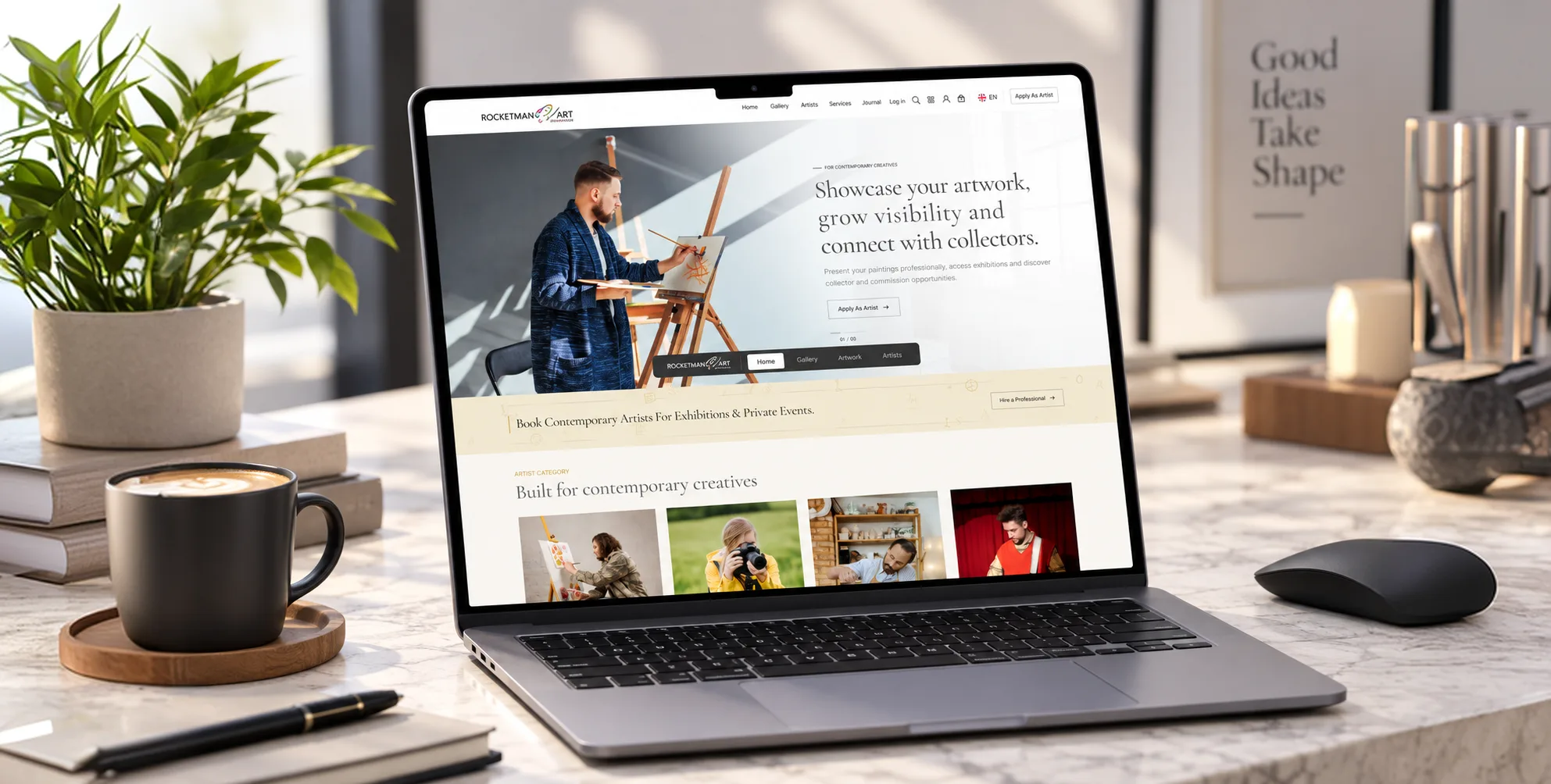 Rocket Man Art Marketplace homepage shown on a laptop