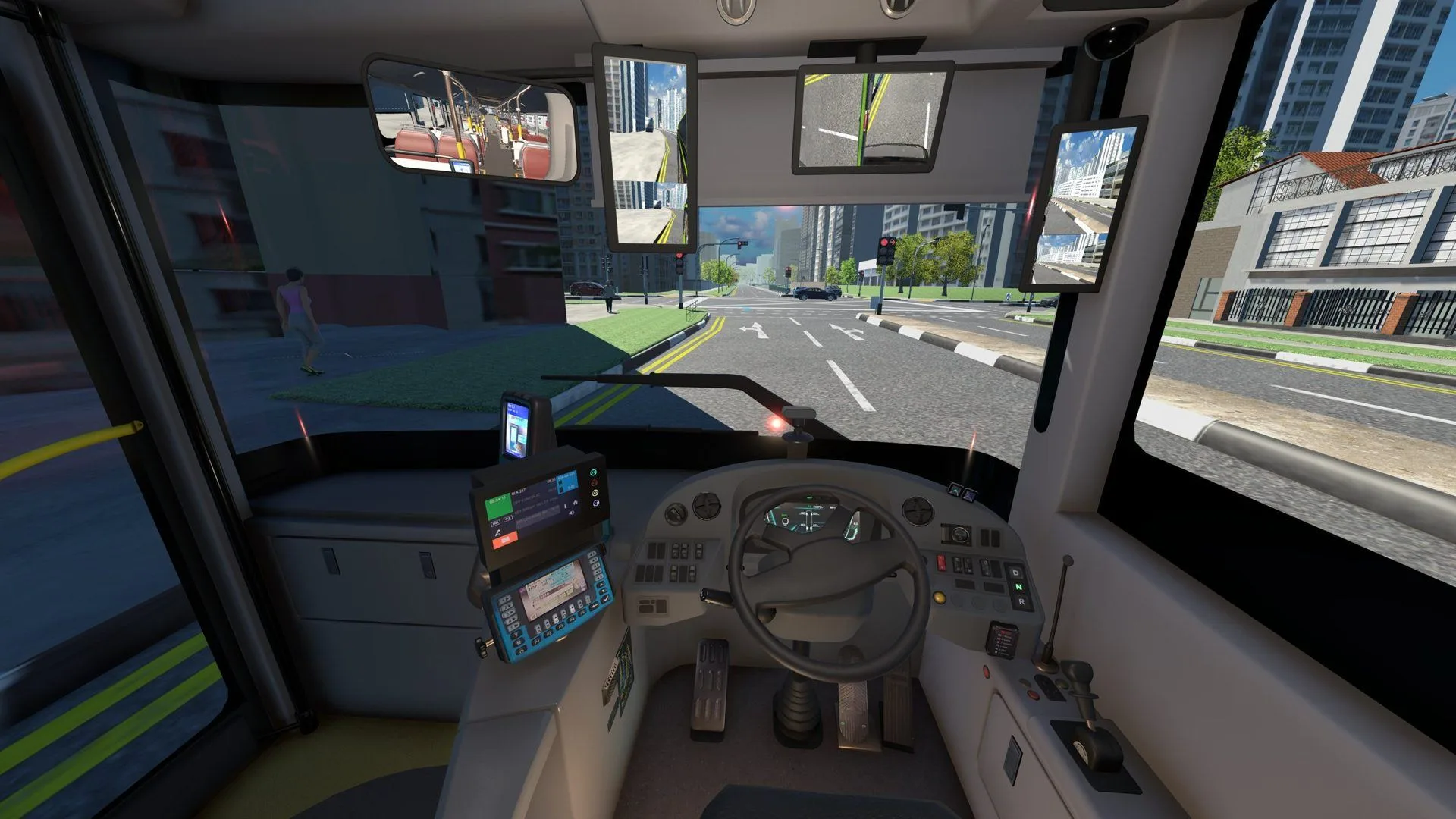Driver’s view from a bus cabin on a city street