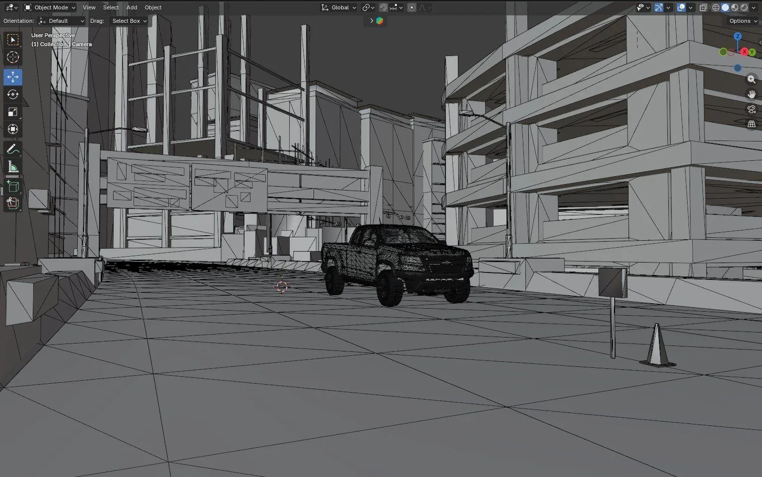 City scene in 3D software before lighting