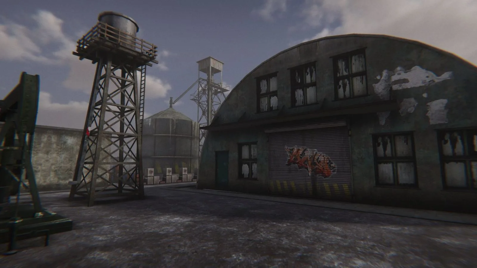 Industrial yard with water towers