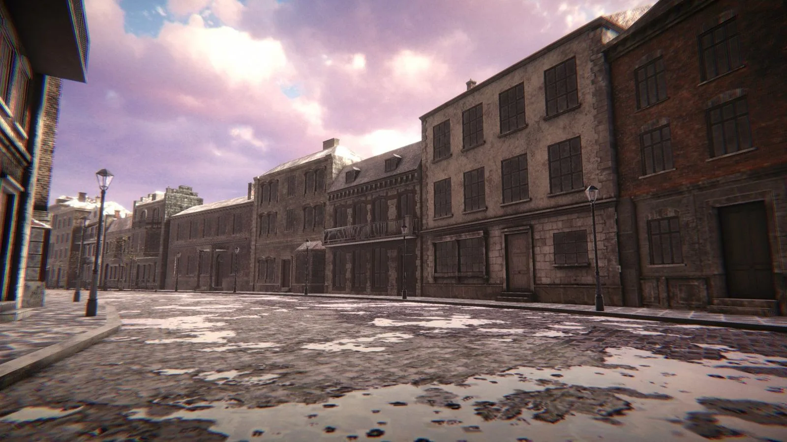 Old town street under a pink sky