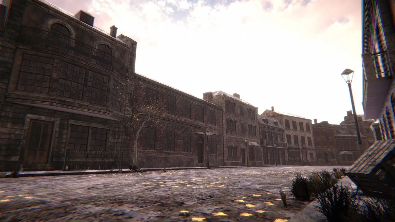 Old town street at dusk rendered in 3D