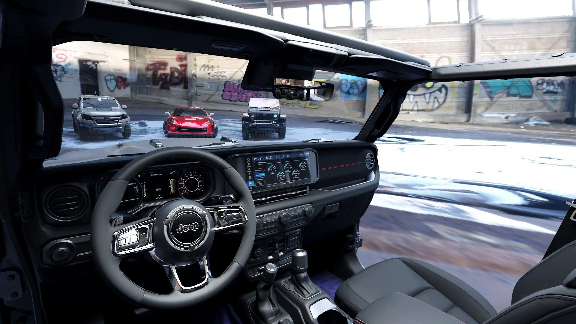 Driver’s seat view inside an open-top cabin in VR