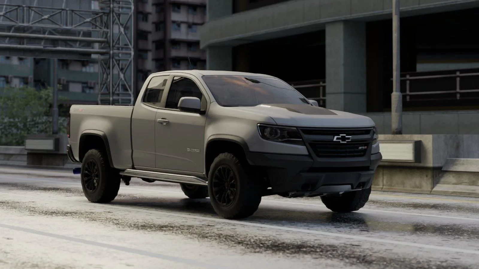 Pickup truck parked on a city street, rendered in 3D