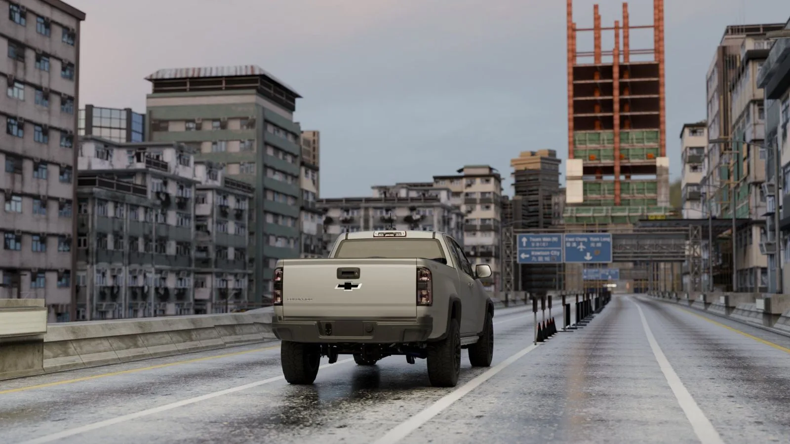 Pickup on a wet city road